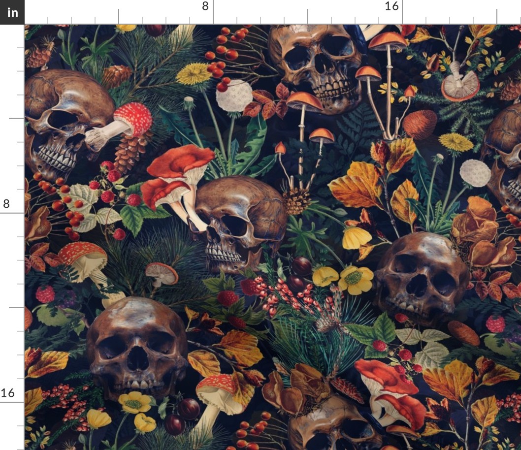 18" Antique dark academia  Goth Nightfall: A Vintage Floral Forest Pattern with Horror Skulls And Mushrooms,Leaves Flowers   sepia black- halloween skull aesthetic dark green leaves wallpaper 