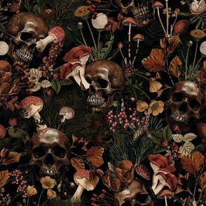 18" Antique dark academia  Goth Nightfall: A Vintage Floral Forest Pattern with Horror Skulls And Mushrooms,Leaves Flowers   sepia black 1- halloween skull aesthetic dark green leaves wallpaper 