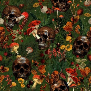 18" Antique dark academia  Goth Nightfall: A Vintage Floral Forest Pattern with Horror Skulls And Mushrooms,Leaves Flowers  - halloween skull aesthetic dark green leaves wallpaper