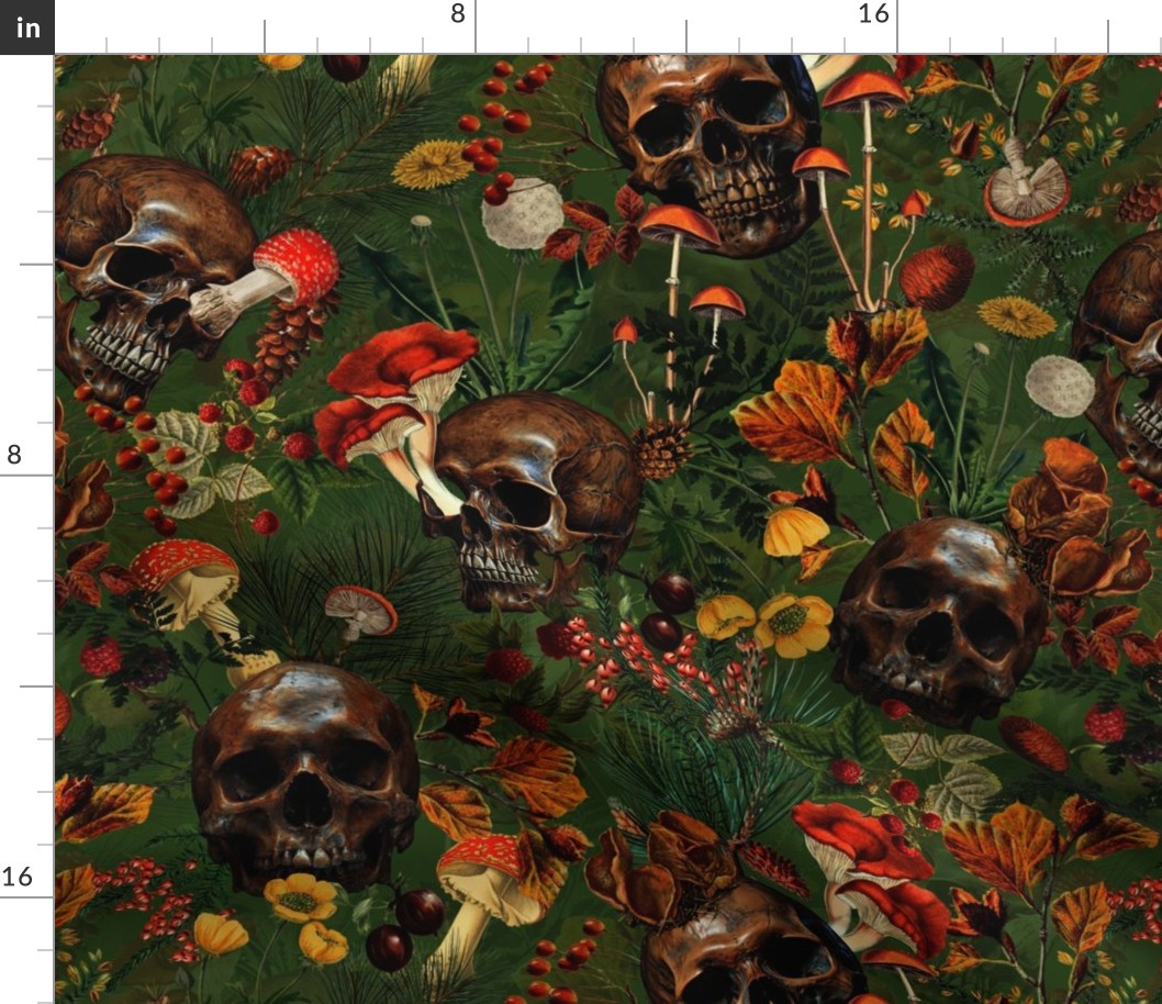 18" Antique dark academia  Goth Nightfall: A Vintage Floral Forest Pattern with Horror Skulls And Mushrooms,Leaves Flowers  - halloween skull aesthetic dark green leaves wallpaper