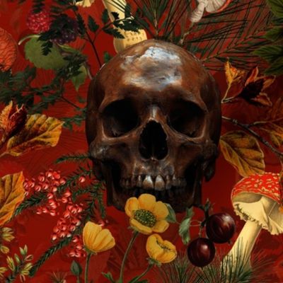 18" Antique dark academia  Goth Nightfall: A Vintage Floral Forest Pattern with Horror Skulls And Mushrooms,Leaves Flowers   sepia red- halloween skull aesthetic dark green leaves wallpaper