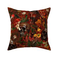 18" Antique dark academia  Goth Nightfall: A Vintage Floral Forest Pattern with Horror Skulls And Mushrooms,Leaves Flowers   sepia red- halloween skull aesthetic dark green leaves wallpaper