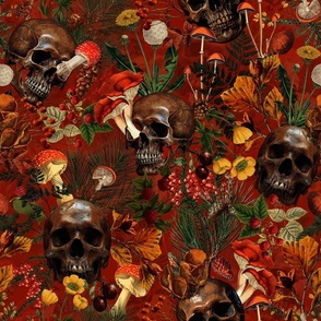 18" Antique dark academia  Goth Nightfall: A Vintage Floral Forest Pattern with Horror Skulls And Mushrooms,Leaves Flowers   sepia red- halloween skull aesthetic dark green leaves wallpaper