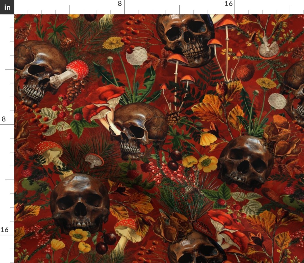 18" Antique dark academia  Goth Nightfall: A Vintage Floral Forest Pattern with Horror Skulls And Mushrooms,Leaves Flowers   sepia red- halloween skull aesthetic dark green leaves wallpaper