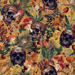 18" Antique dark academia  Goth Nightfall: A Vintage Floral Forest Pattern with Horror Skulls And Mushrooms,Leaves Flowers   sepia yellow- halloween skull aesthetic dark green leaves wallpaper
