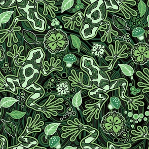Hawaiian Green and Black Poison Dart Frog Psychedelic, Vector Seamless Pattern