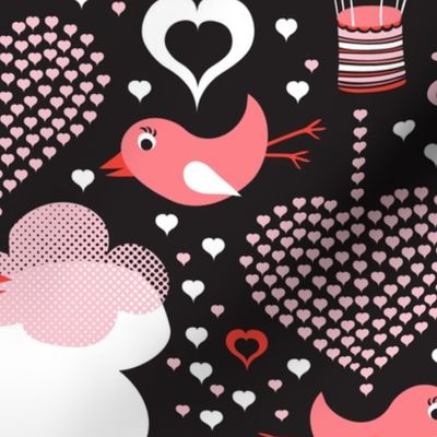 Love Is In The Air Valentine's Day Hearts and Birds  Black Large