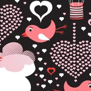 Love Is In The Air Valentine's Day Hearts and Birds  Black Large