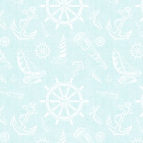 Nautical Sketches  Coastal Design on Mist Blue  Linen Texture Background, Small Scale Design