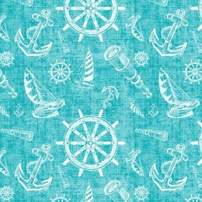 Nautical Sketches  Coastal Design on Teal  Background, Small Scale Design