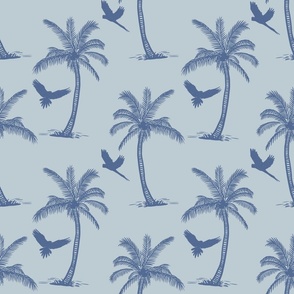 Palms and parrots soft blue tones pattern