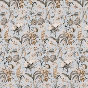 Tropical Bloom Serenade Exotic  Floral Pattern Beige Blue Smaller Scale