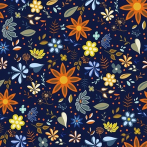 Bright Funky Floral On Navy Blue