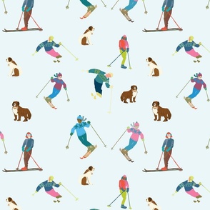 Colorful Skiers and Saint Bernards
