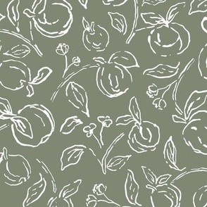 Dark green  and white hand drawn organic peach fruit branch outlines 