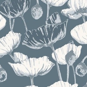 Poppies, Denim, Blue, Floral Trellis, Modern Florals, Vintage, Romantic, Whimsical