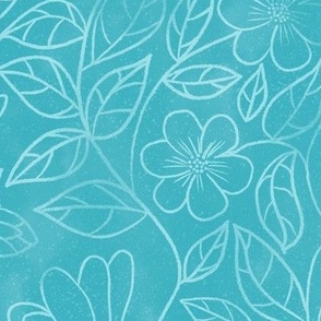 Subtle spring or summer flowers on a turquoise batik background - great watercolor texture - quilting blender fabric - coastal style