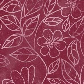 Subtle spring or summer flowers on a deep pink/burgundy batik background - great watercolor texture - quilting blender fabric