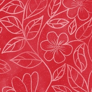 Subtle spring or summer flowers on a bright red batik background - great watercolor texture - quilting blender fabric