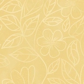 Subtle spring or summer flowers on a soft yellow batik background - great watercolor texture - quilting blender fabric