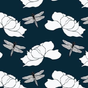 Dragonflies and Peonies Deep Blue Background 12x12