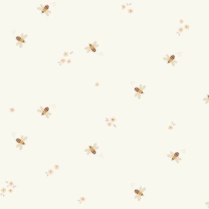 Small Bees and Flowers - Pink and Lilac on Cream | Doodle Summer Bugs