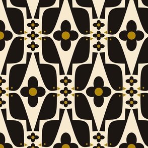 Black Birds and Daisies - Med - 8" wide repeat
