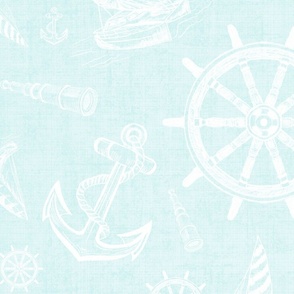 Nautical Sketches  Coastal Design on Light  Mist Linen Texture Background, Medium scale for Wallpaper