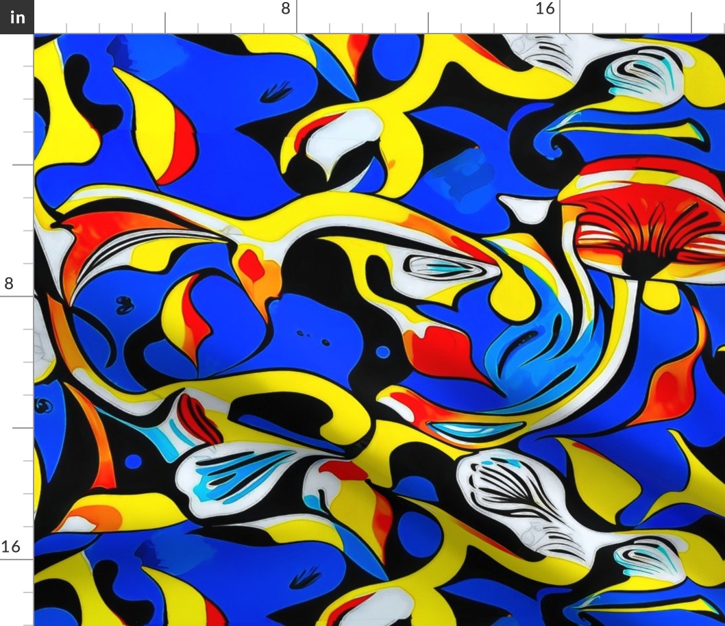 abstract blue yellow red mushrooms