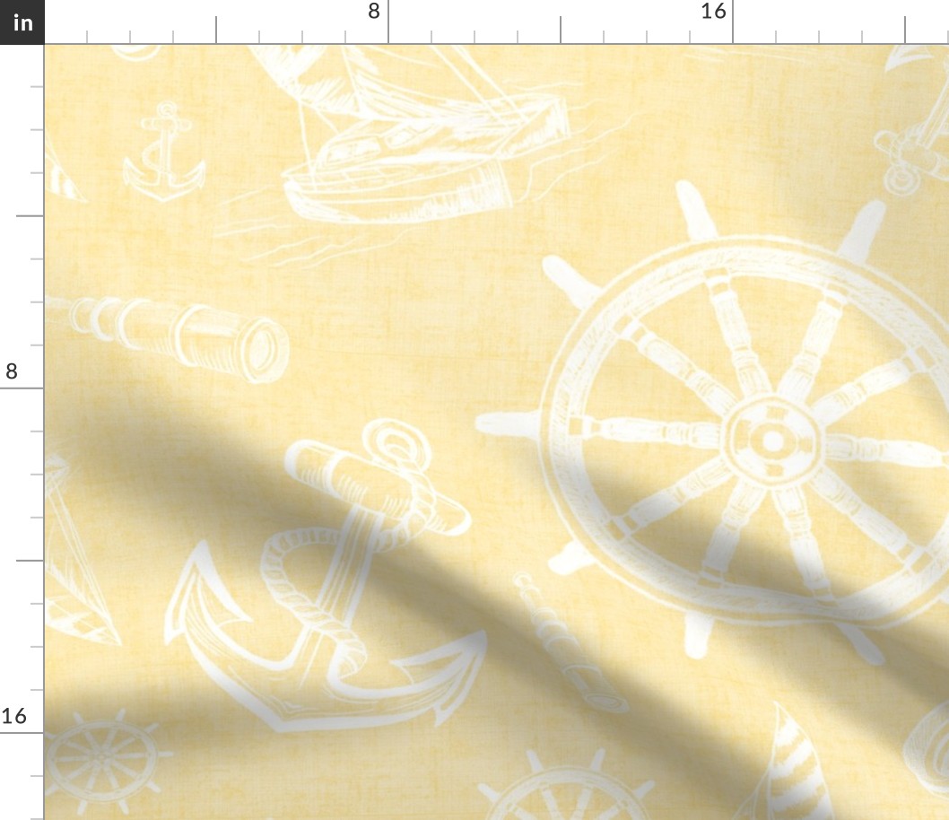 Nautical Sketches  Coastal Design on Light  Yellow Linen Texture Background, Medium scale for Wallpaper