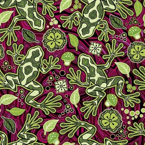 Hawaiian Light Green Neon and Pink Poison Dart Frog Psychedelic, Vector Seamless Pattern