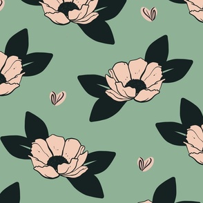 Floating Flowers: Bold Blooming Cream Flowers and Sketchy Hearts on Mint Green  (Large)
