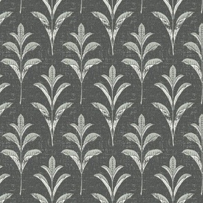 (small 2.4x3.6in,textured) Laurel Branch / Block Print Effect / Silvery Grey on Dark Grey Victorian Lace palette /small scale 