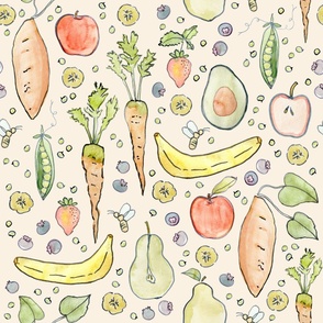 Fruits and Vegetables Light Pink Peach 24x24 - Watercolor Garden Foodie Decor - 120245