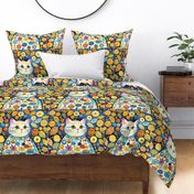 18x18 Funky Cat Panel White Cat with Bold Colorful Flowers for Cut and Sew Panel Projects Pillows Cushions
