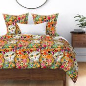 18x18 Funky Cat Panel White Cat with Bold Colorful Flowers for Cut and Sew Panel Projects Pillows Cushions