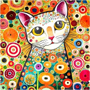 18x18 Funky Cat Panel White Cat with Bold Colorful Flowers for Cut and Sew Panel Projects Pillows Cushions