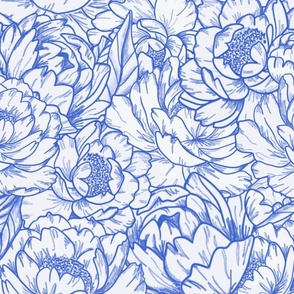 Chinoiserie Blue Sketched Peony Flowers