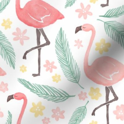 Happy pink flamingos with palm leaves & pink & yellow flowers