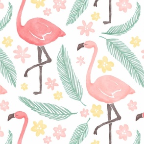 Happy pink flamingos with palm leaves & pink & yellow flowers - large