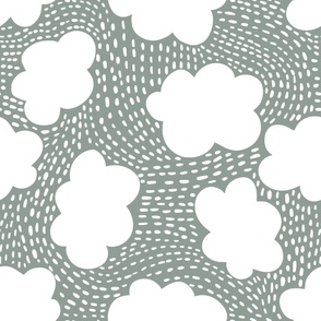 Large - Happy Skies - Cloudy - Organic Lines and Shapes - Clouds - Kids Fabric - Sage Green 