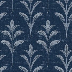 (medium 4x6in,textured) Laurel Branch / Block Print Effect / Silvery Blue on Indigo Blue /medium small scale 