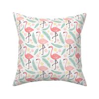 Happy pink flamingos with palm leaves & pink & yellow flowers - small