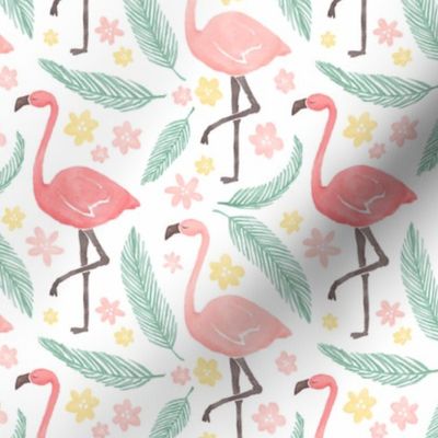 Happy pink flamingos with palm leaves & pink & yellow flowers - small