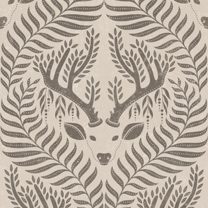 Magical Forest Deer Block Print Damask (Lake Life Neutral) (XL Wallpaper Scale)