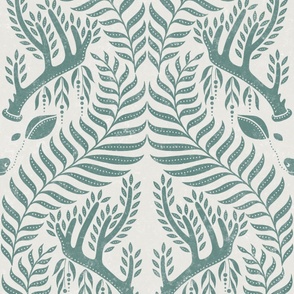 Magical Forest Deer Block Print Damask (Blue-Green) (XL Wallpaper Scale)