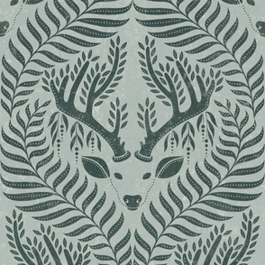 Magical Forest Deer Block Print Damask (Lake Life Green) (XL Wallpaper Scale)