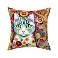 18x18 Funky Cat Panel White Cat with Bold Colorful Flowers for Cut and Sew Panel Projects Pillows Cushions