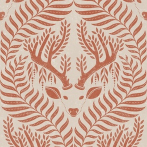 Magical Forest Deer Block Print Damask (Lake Life Rust) (XL Wallpaper Scale)