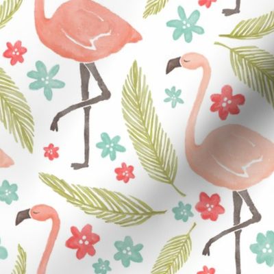 Happy pink flamingos vintage style, with palm leaves & soft red & aqua blue flowers